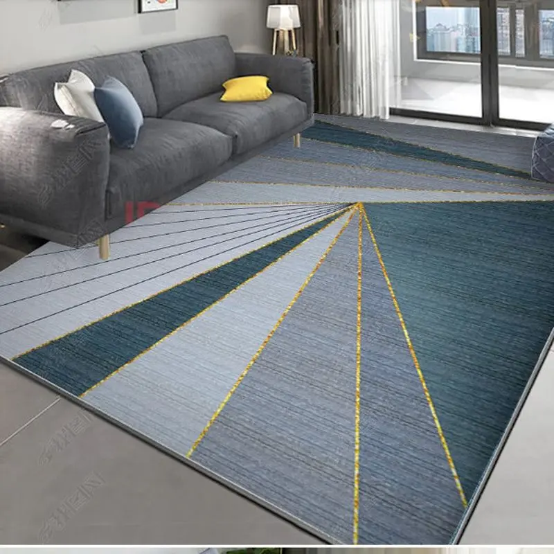 VIKAMA Blue Grey Gold Radial Line Area Rug for Living Room Office, Non Slip Machine Washable Floor Rug Home Decor