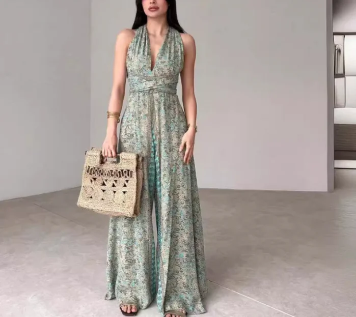 Fresh Floral Print High Waist Sexy Hanging Neck, Backless Lace Up Wide Leg Women's Jumpsuit, Elegant and Sexy Jumpsuit