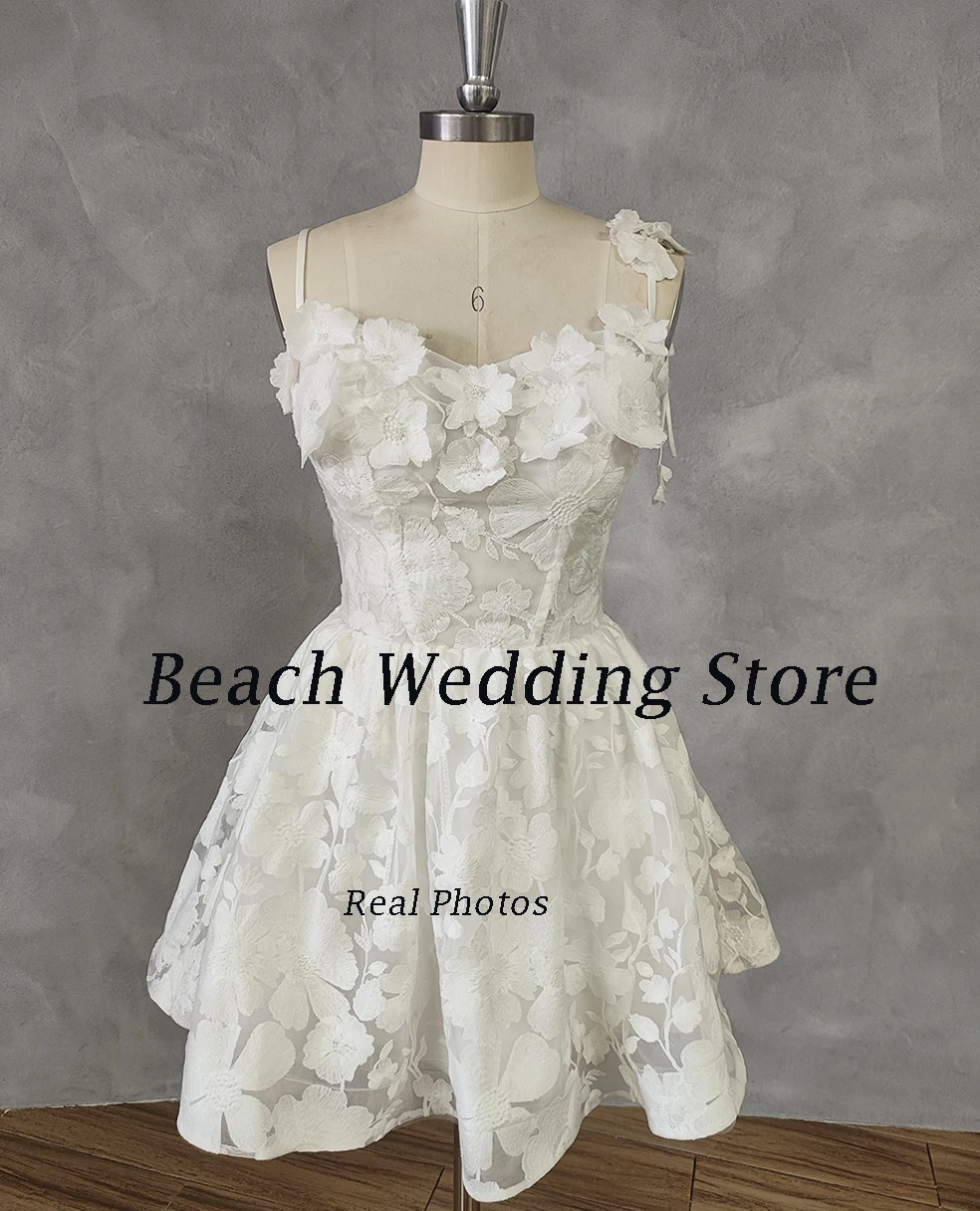 Beach Short Sweetheart Wedding Dresses For Women Lace Appliques Spaghetti Straps A Line Above Knee Simple Bridal Gown