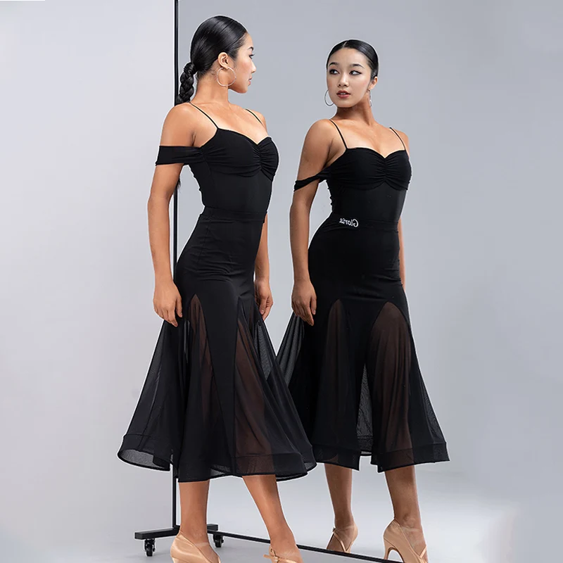 New Ballroom Dance Dress Tango Performance Clothes Waltz Dancewear Split Suit Off-Shoulder Bodysuit Skirt Prom Dresses DL10361