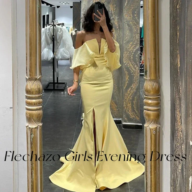 Flechazo Yellow Evening Dresses Off Shoulder Mermaid High Slit Simple Elegant Formal Party Dress For Women 2024 فساتين السهرة