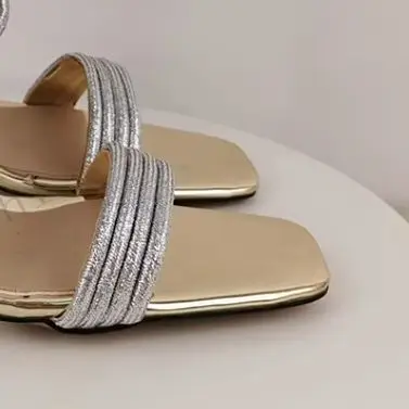 Women Glitter Multi Strap Square Toe High Heel Sandals Back Zipper Open Toe Ankle Wrap Stiletto Heels Party Evening Dress Shoes