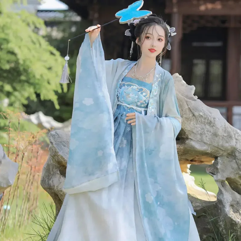 خمر Hanfu المرأة الصينية التقليدية مرحلة فستان رقص الإناث الجنية تأثيري حلي Hanfu مجموعة الأزرق أنيقة الأميرة وتتسابق