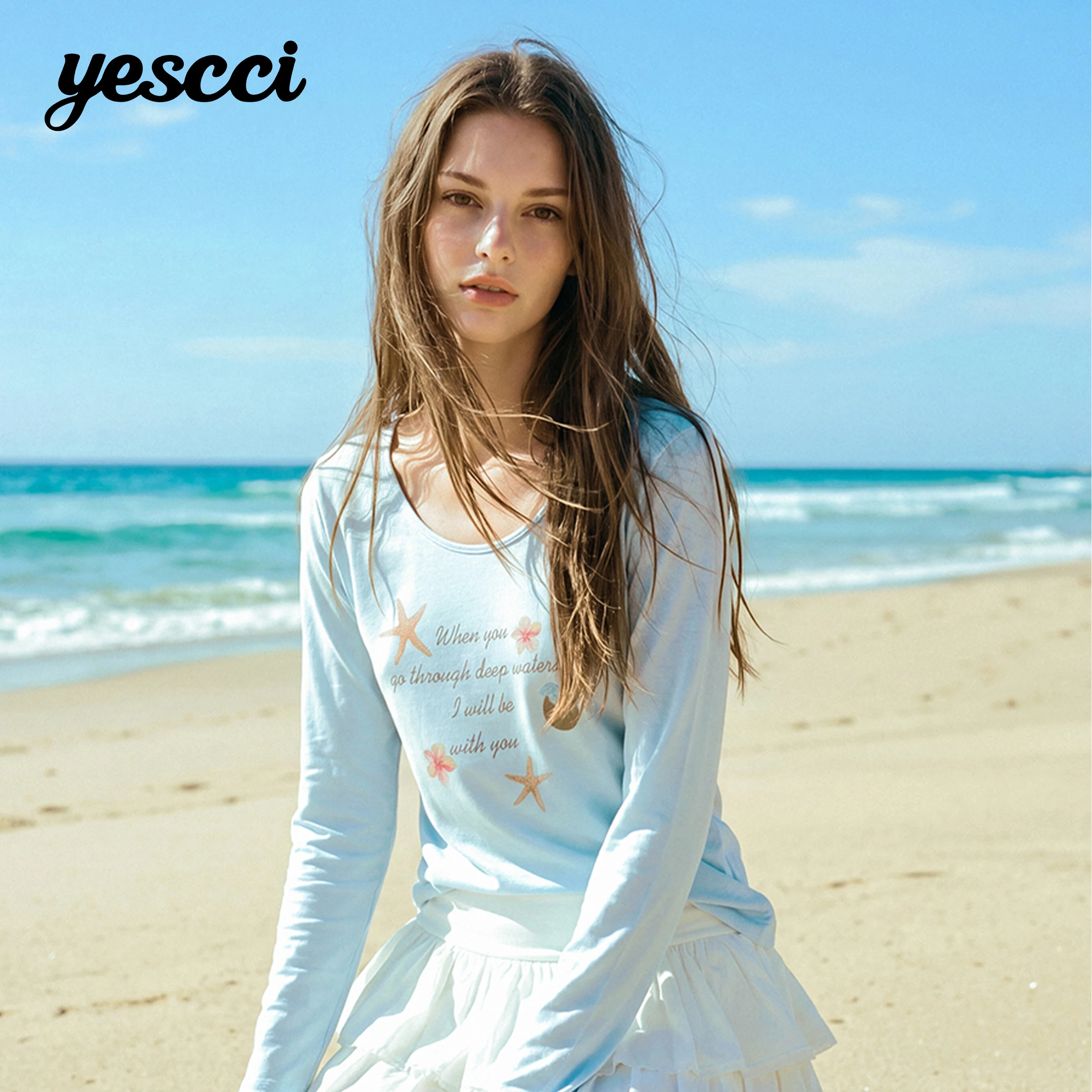 YESCCI Print Women's T-Shirt U-Neck Loose Long Sleeve Top 2026 Autumn New Lightweight UV Protection Women's Tee Shirt S56321029