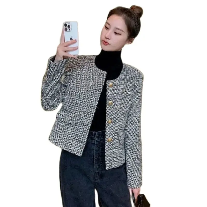 2024 New Spring Autumn Coat Women Fashion Single Breasted Buckle Casual Coarse Tweed Jacket Female Outerwear Top Casaco Feminino