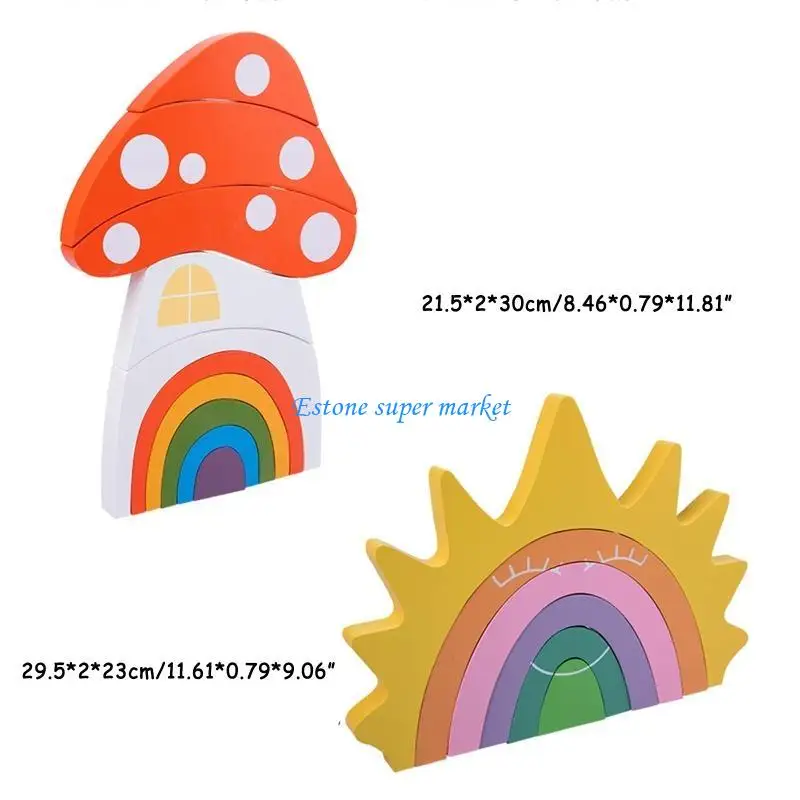 090b Bâtiment en bois arc-en-ciel / champignons Blocs d'apprentissage des jouets jeu d'éducation des jouets d'anniversaire