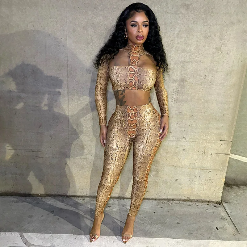 

2026 Snake Print Sexy 2 Piece Set Women Spring Autumn Halter Long Sleeve Crop Tops+Pants Matching Stretch Streetwear Outfits