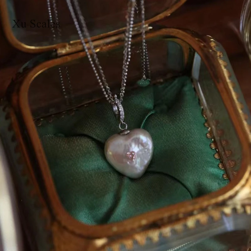 Handmade S925 Sterling Silver Double Chain Natural Fresh Water Baroque Love 15-16mm Pearl Pendant Necklace Romantic Girl Jewelry