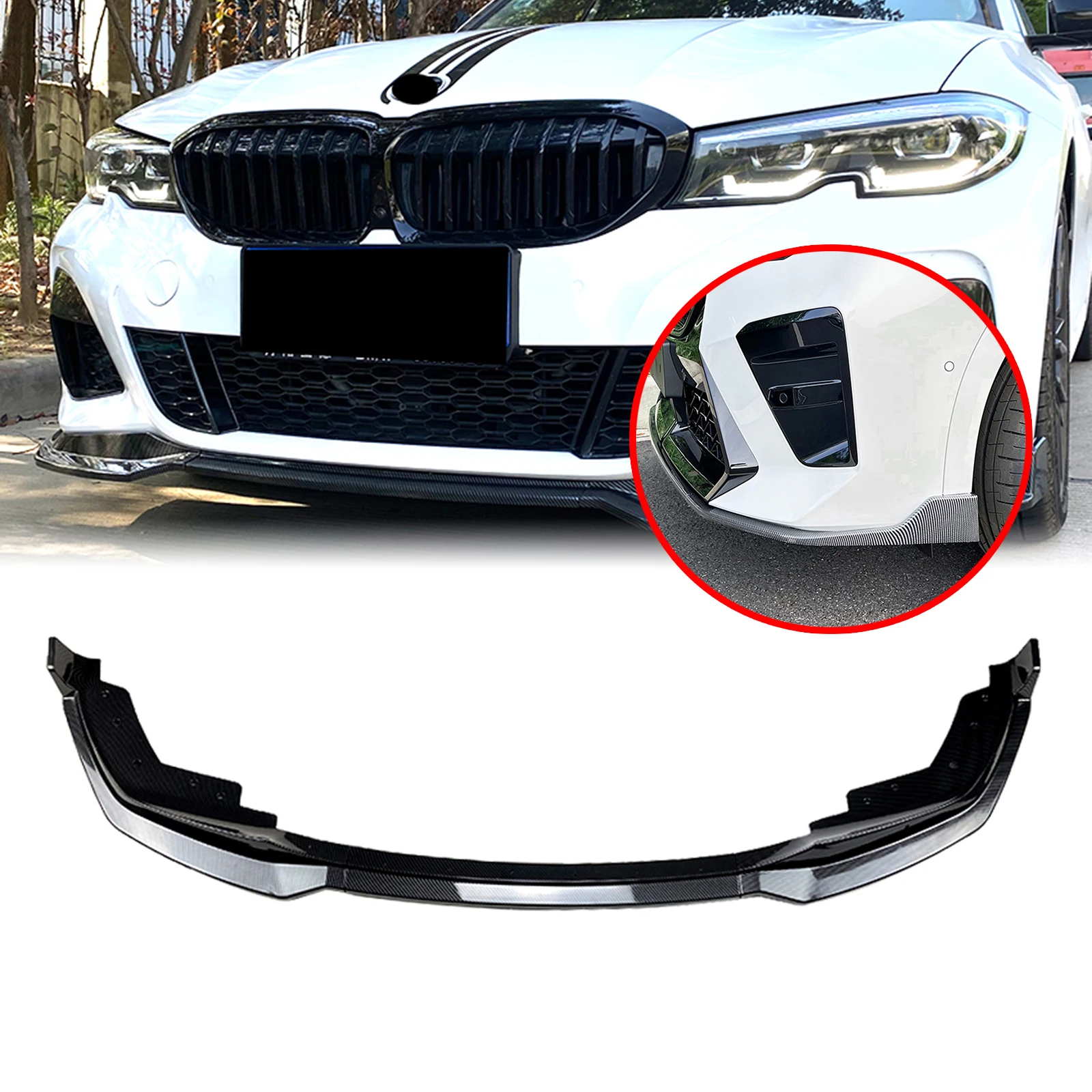 For BMW Series 3 G20 320i 330i M Pack 2019-2022 Front Bumper Spoiler Lip Carbon Fiber Look/Gloss Black Lower Splitter Protector