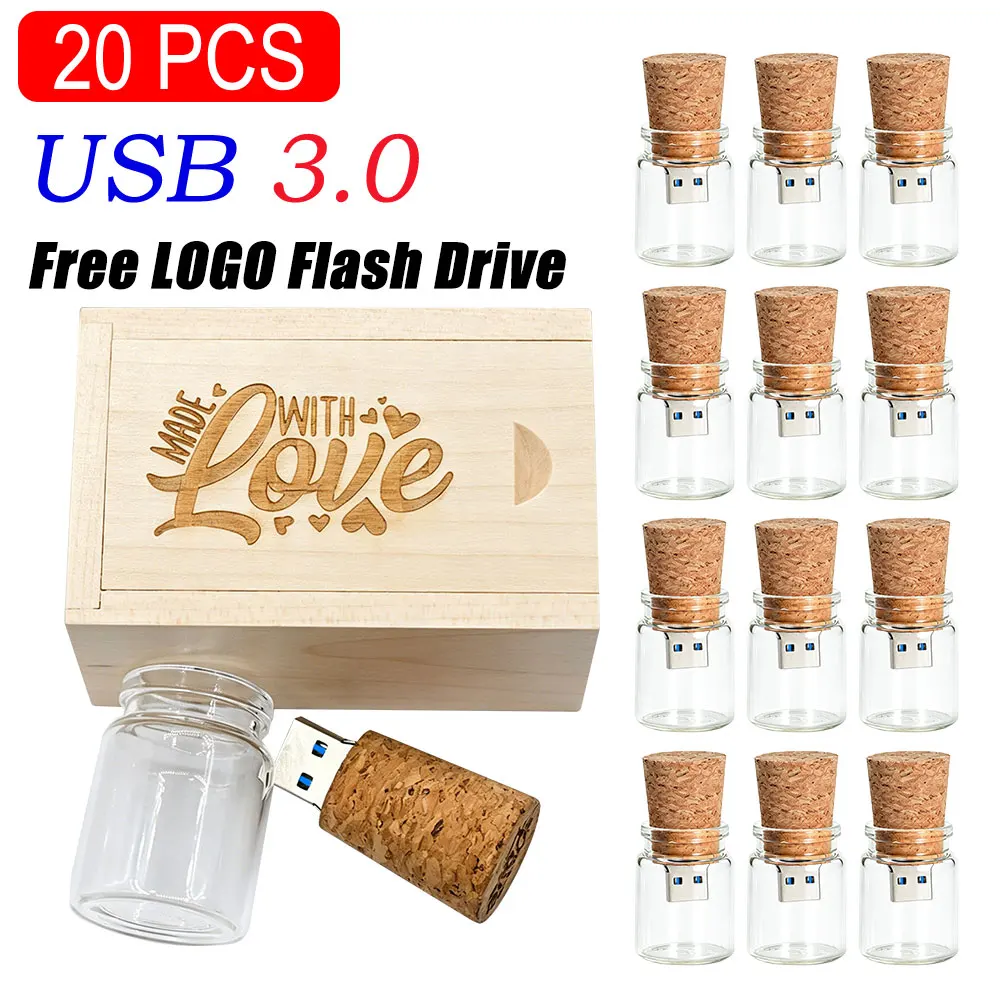 20PCS/LOT New arrival messenger bottle usb 3.0 memory stick glass drift bottle usb flash drives wooden cork pendrive 4GB 128GB