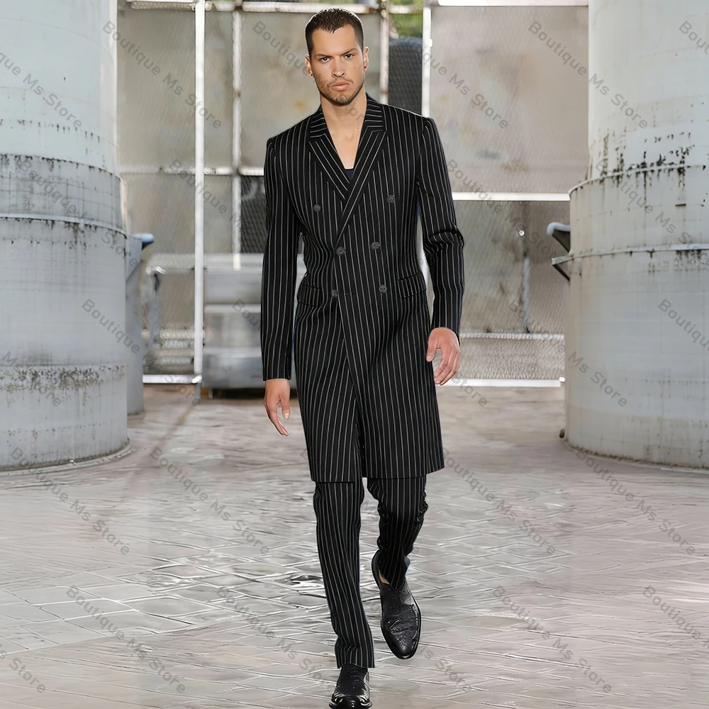 Handsome Tailcoat Navy Blue Stripe Long Men Suit Blazer and Pants Customizable Double Breasted 2-Pieces Set
