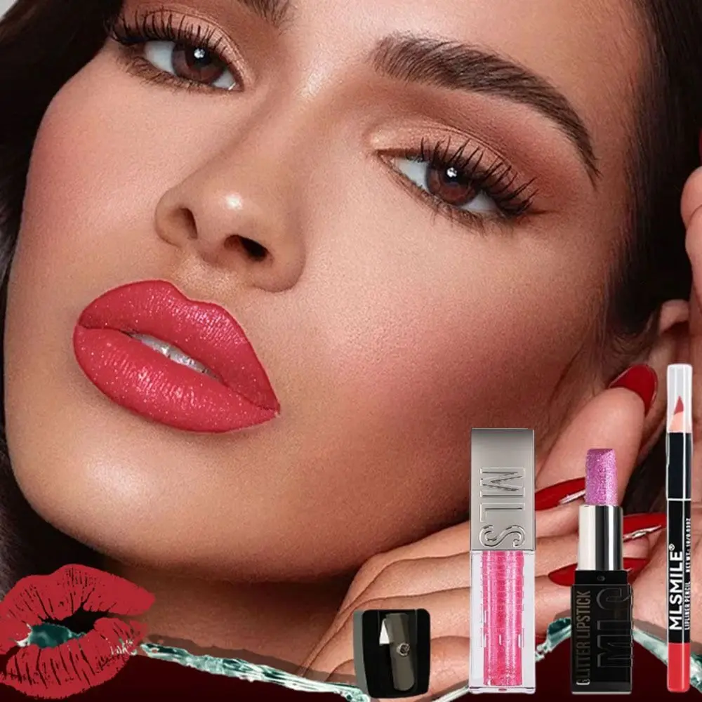 

With Lip Liner Multi-Combination Lip Kit Pencil Sharpener Easy To Color Liquid Lip Glaze Waterproof Non-Stick Cup