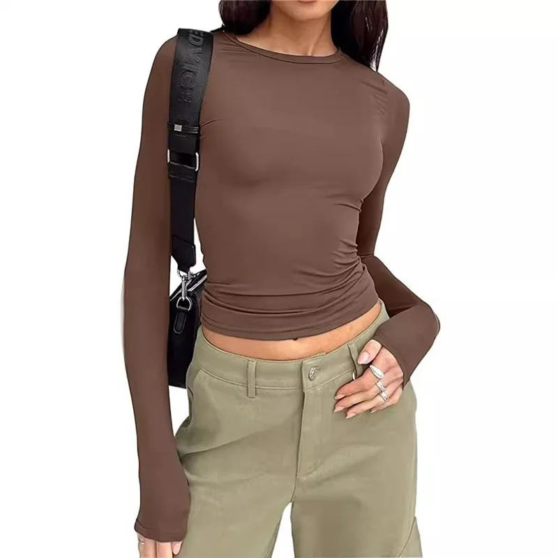 

European Faion Long Sve Casual Tirt for Women Spring High Waist Commute Sle Polyester Fabric oulder-Length Tirt