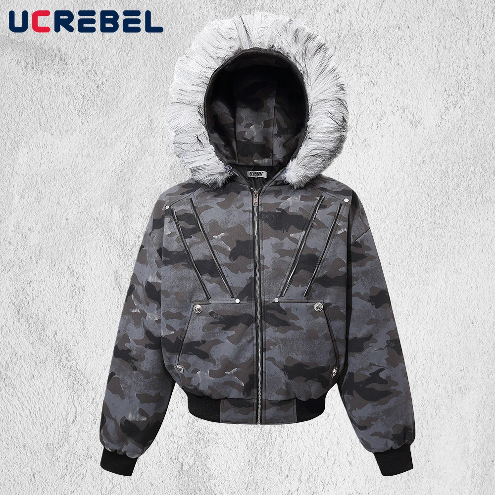 

Camouflage Hooded Quilted Jacket Mens Zipper Decoration High Street Winter Thick Fur Collar Long Sleeve Thick Outerwear Man