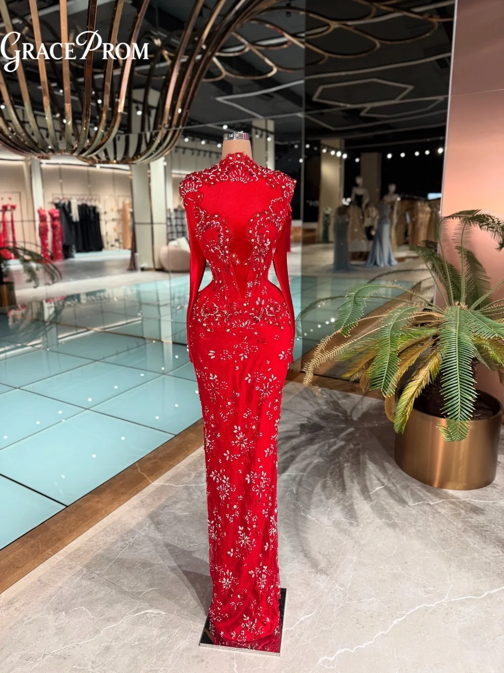 

Formal Red High Neck Evening Gown Long Sleeves Heavy Crystal Floral Beading Bodycon Fit Party Dress Wedding Guests فساتين سهرة