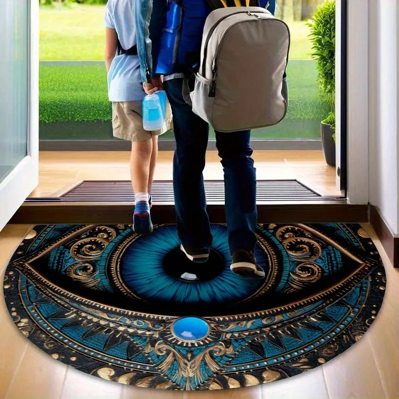 VIKAMA Evil Eye Semi Circle Doormat Blue Gold Boho Pattern Non Slip Washable Front Door Rug Indoor Bohemian Home Entrance Decor