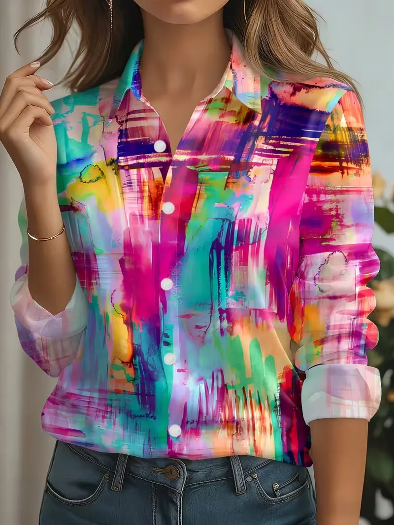 Autumn New Plaid Tie Dye Print Blouse Ladies Long Sleeve Gradient Button Laple Loose Shirts Tops Casual Fashion Women's Clothing