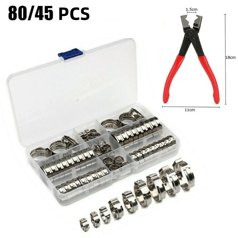 

ELECTRAPICK 80/45pcs Single Ear Hose Clampen Stainless Steel Assortment Hose Clamp With Red Dust Cover Clamp Bundle Plier