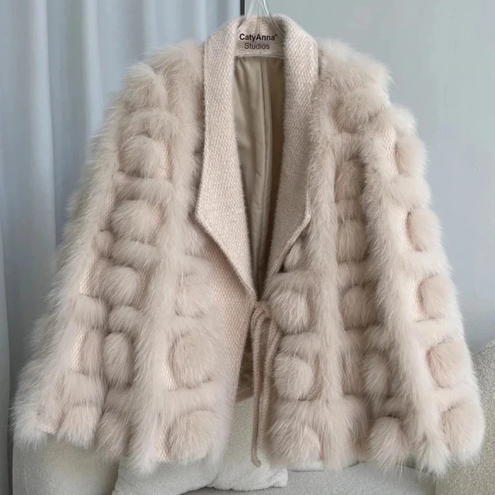 MENINA réel manteau de fourrure de renard femmes 2025 automne hiver tricoté Cardigan veste mélangée épais chaud nouvelle mode ceinture col rabattu