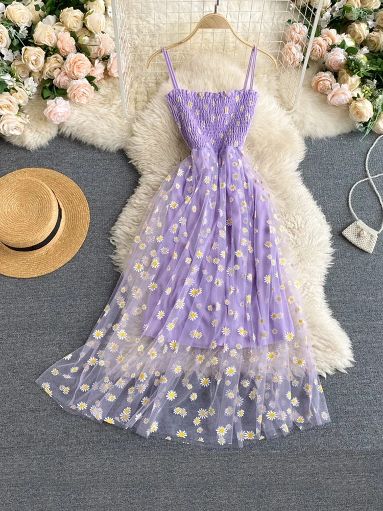 Summer New Fashion Temperament Vestidos Women Strapless Mesh Embroidery Chrysanthemum Stitching Midi Dress C645