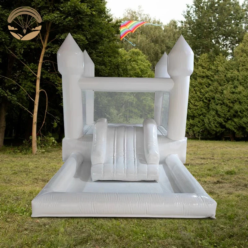 Witte Kinderen Opblaasbaar Kasteel Met Blazer Trampoline Glijbaan Bal Zwembad Bruiloftsfeest Park Evenement Verhuur Kids Speelgoed Springbed