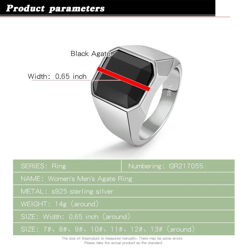 100% 925 Sterling Silver Men Black Onyx Square Agate Signet Ring Woman Index Finger Ring Sizes 6 to 13 Band Boy Jewelry Gift