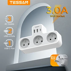 TESSAN FR Plug Multi Gniazdo zasilania z 2 portami USB + 3 gniazdami AC +1 Adapter przedłużacza gniazda ściennego typu C 6 w 1 do domu