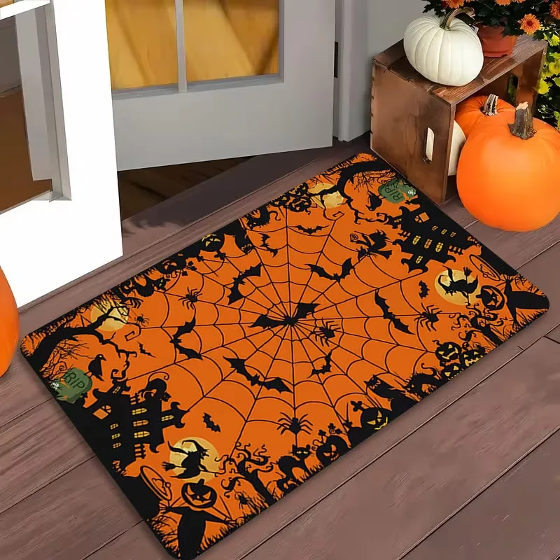 Halloween Spooky Spider Web Pumpkin Doormat Witch Haunted House Bat Ghost Pattern Floor Rug Holiday Decor Entryway Carpet