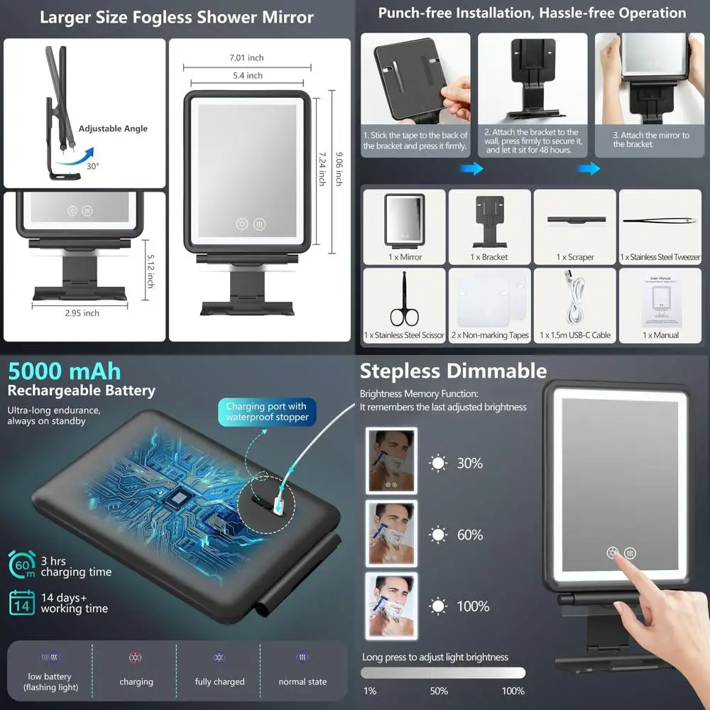 مرآة استحمام مضادة للضباب مع 3 مصابيح قابلة للتعديل، مرآة حلاقة قابلة لإعادة الشحن للرجال، تتضمن حامل ماكينة الحلاقة #1