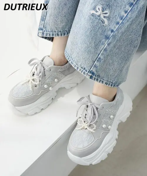 New Sweet Girl Versatile Sneaker Pearl Accessories Japanese Style Thick Bottom Height Increasing Breathable Casual Daddy Shoes
