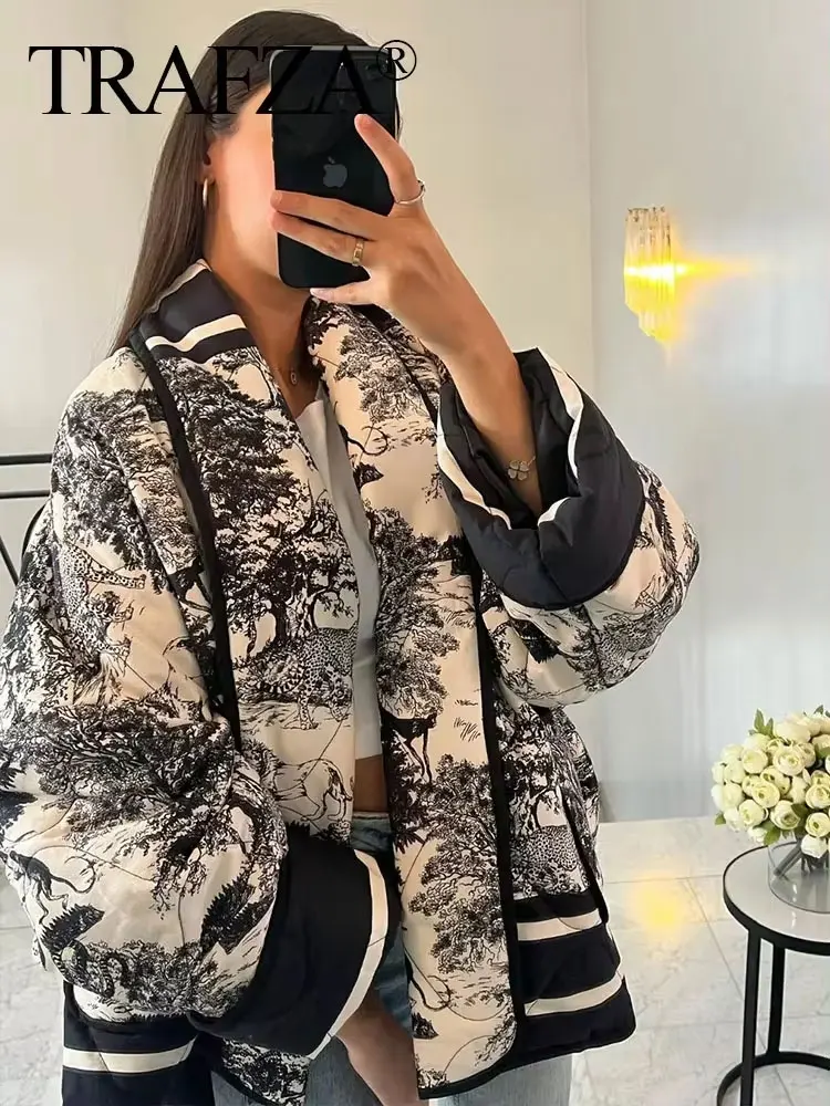 TRAFZA Print Short Jacket Women Long Sleeve Warm Pocket Cardigan Coat 2024 Autumn Winter New Fashion Y2K Female Street Outwears