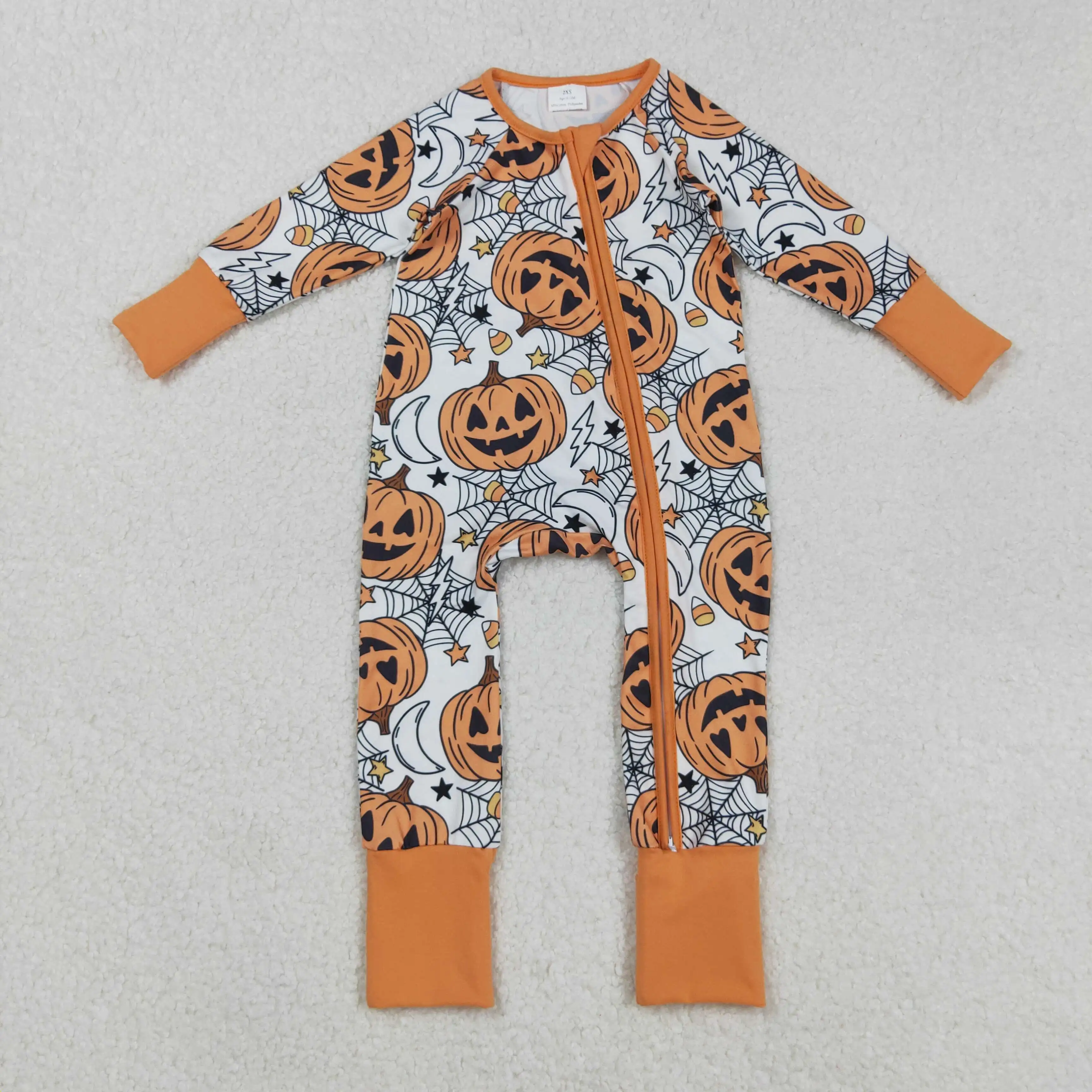 

8.27y Baby Boys Romper Wholesale Boutique Halloween Pumpkin Star Spider Web Candy Zipper Long Sleeve Onesie
