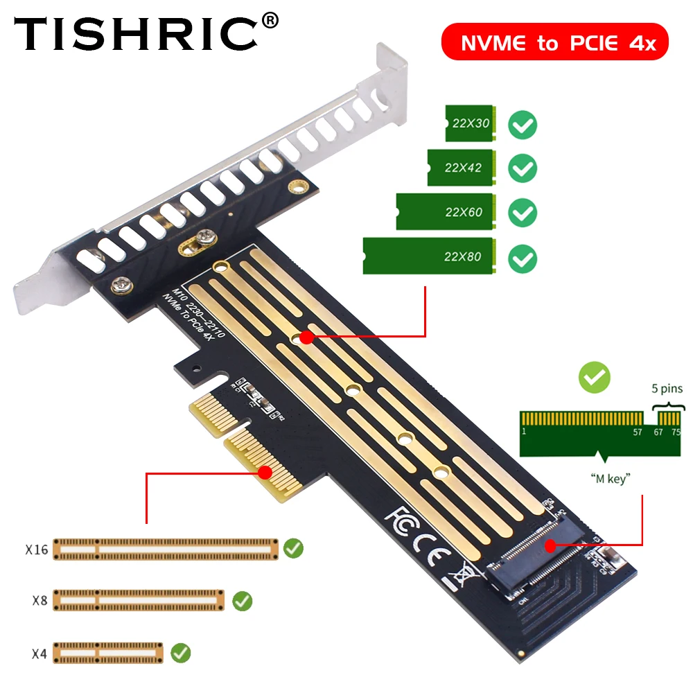 TISHRIC M10 NVME к PCI-E 4X однодисковая карта-адаптер 64 Гбит/с M-key Pcle 4x карта расширения для настольных ПК 2230/2242/2260/2280