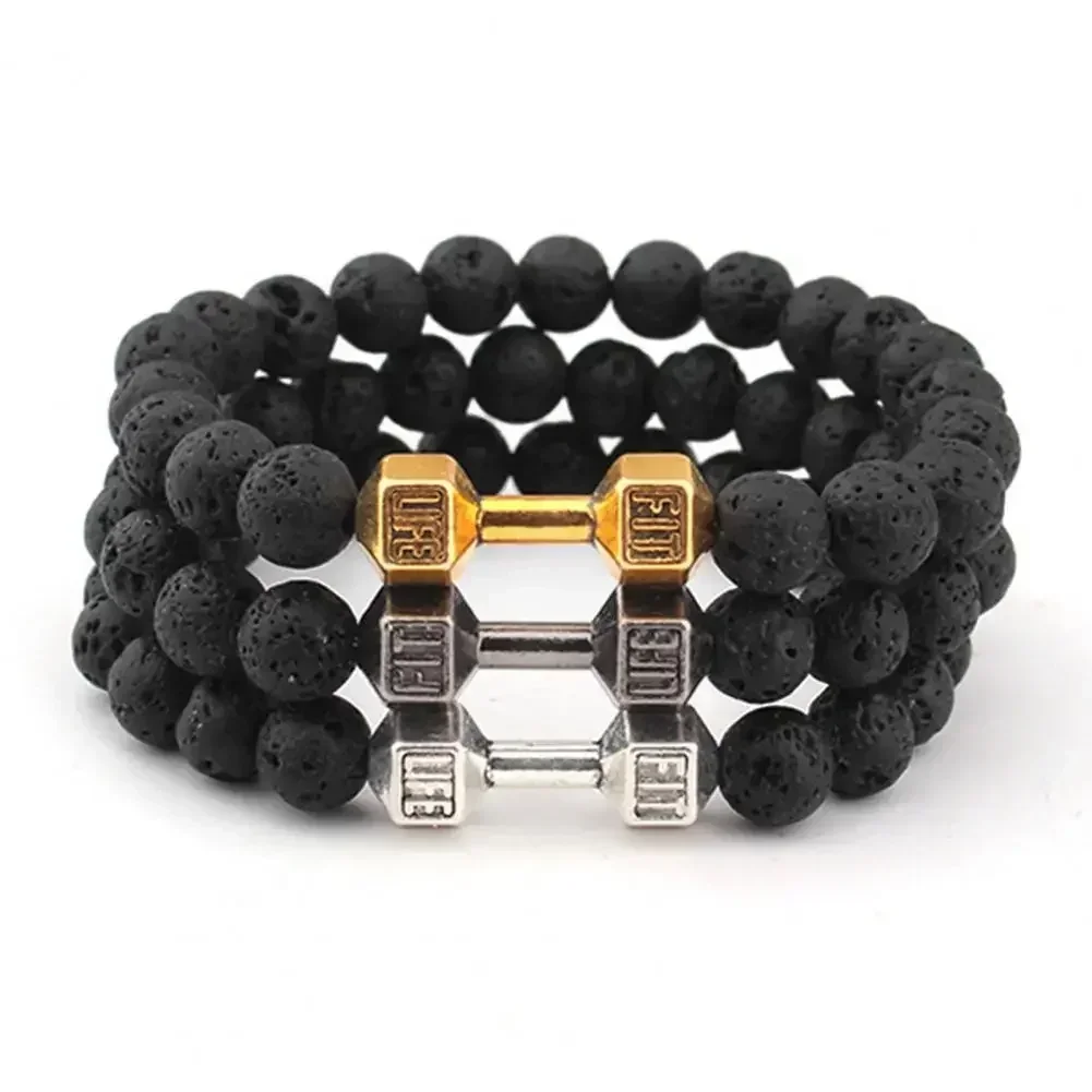 New Men Beaded Bracelet Natural Lava Stone Dumbbell Charm Bracelets Energy Fitness Barbell Fashion Women Jewelry