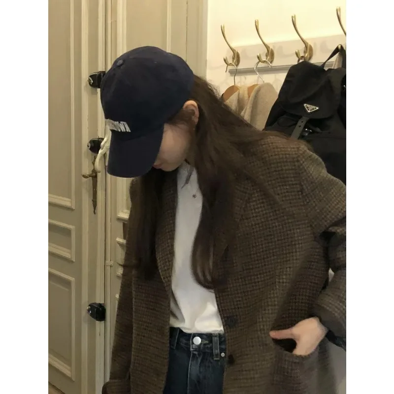 2025 겨울 신상 프렌치 레트로 슈트 칼라 천조무늬 싱글 브레스티드 출퇴근용 울 코트 여성 의류