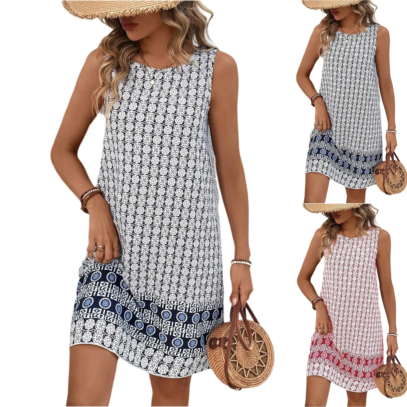Abito estivo da donna retrò girocollo senza maniche stampato allentato con gilet Abiti da donna 2025 Trend Abiti estivi da donna Casual Summer