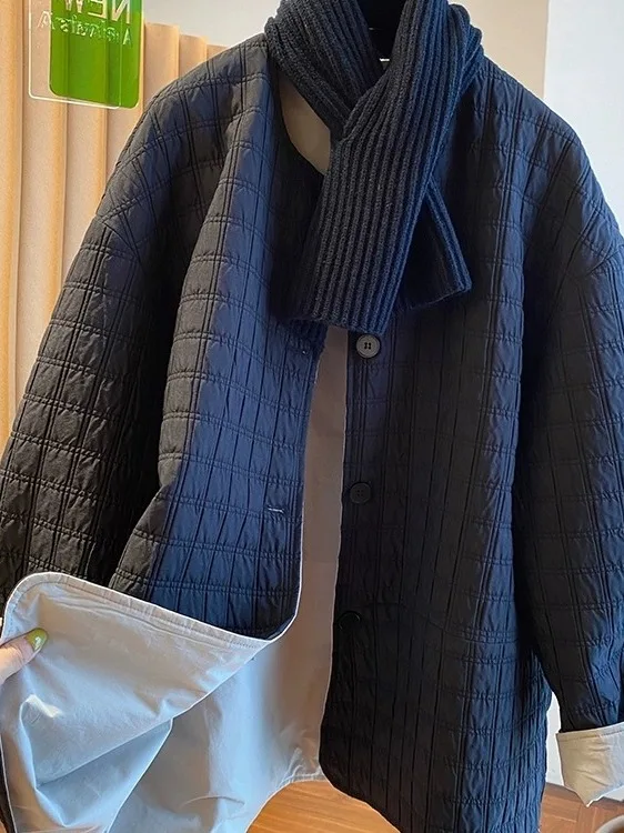 

Легкая хлопковая куртка Ele для женщин, свободного кроя, осенне-зимнее пальто с эффектом похудения, с вафельным узором, круглым воротником, верхняя одежда