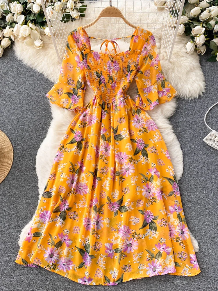 YuooMuoo Limited Big Sales Women Dress Fashion Romantic Floral Print Chiffon Summer Dress Vacation Season Party Korean Vestidos