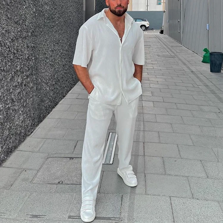 European and American Men\'s Casual Loose Fashionable Suit, New Style, Solid Color and Striped, Short-sleeved and Long-pants Set