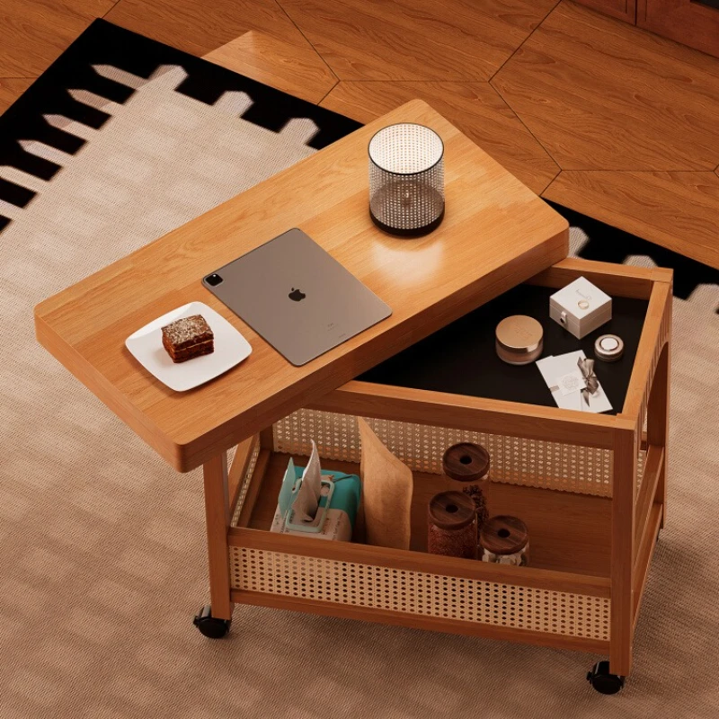 2025 Solid Wood Sofa Side Table Movable Coffee Table Living Room Household Trolley Rack Tea Cabinet Coffee Table