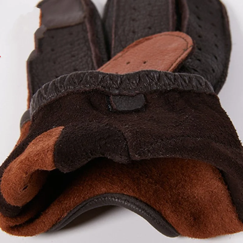 Guantes de cuero genuino para hombre, manoplas antideslizantes sin forro para conducción de motocicleta, guante de piel de ciervo, protección