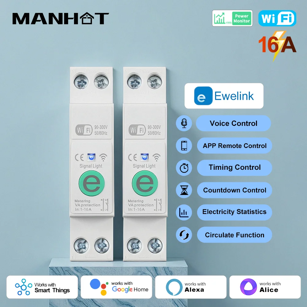 MANHOT Ewelink WiFi Smart Circuit Breaker 16A with Energy Monitoring APP/Voice Control Timer Works with Alexa Google Home Timer