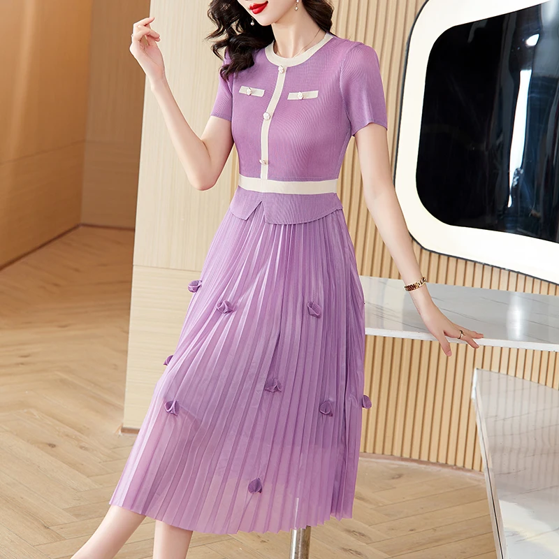 Pleated Dress 2023 Summer Women's O-Neck Petal Decoration Elastic Skirt Slim Fit Large Slim Knee Long Dress Robe