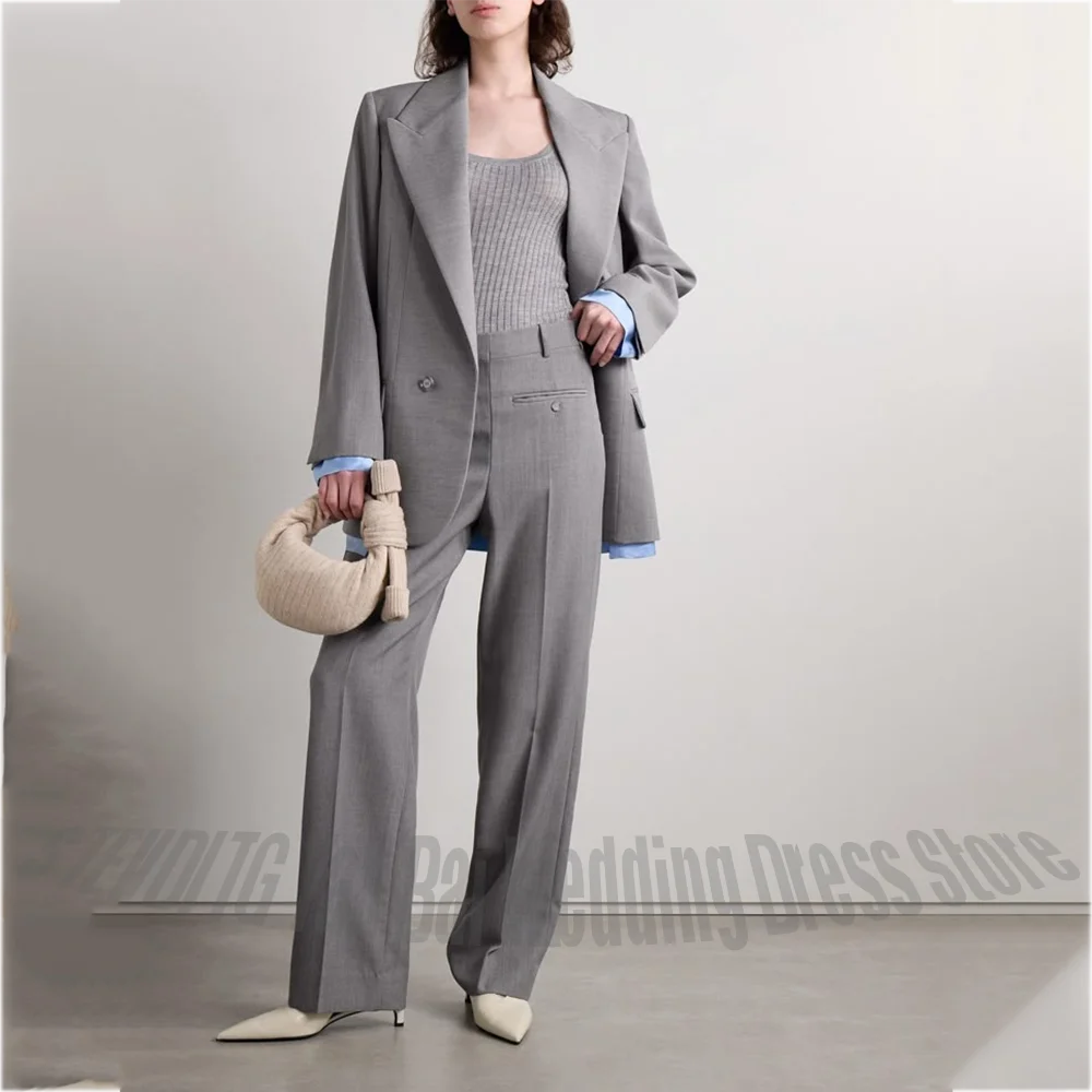 Chic Grey Women Suit Solid Regular Fitted Peaked Lapel High Quality Business Femal Outfit Office Work Formal Suit Set Two Pieces