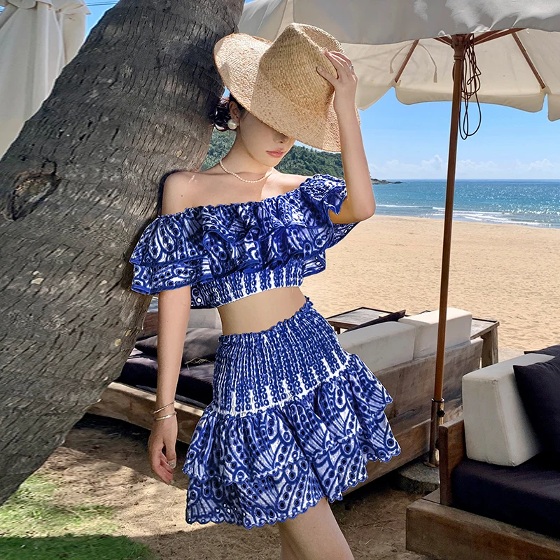 Retro Embroidered Hollow Lotus Leaf Edge One Shoulder Off Shoulder Elastic Top High Waist Puffy Half Skirt Elegant Set
