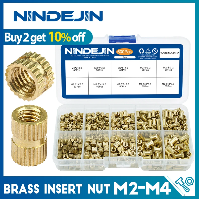 

NINDEJIN 450/500pcs Brass Insert Nuts Kit Female Threaded Insert Set Knurled Nuts Assortment Kit