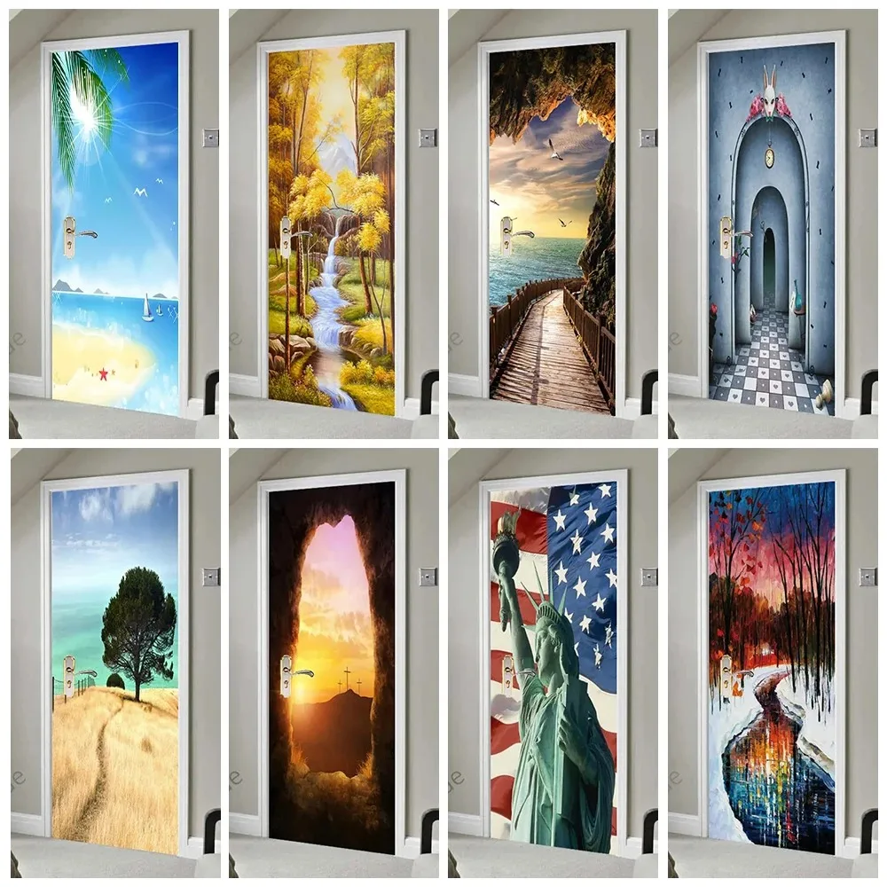 

3D Beach Forest Door Sticker Cliff Path Statue of Liberty Autumn Scenery Removable Self Adhesive Wallpaper Home Decor