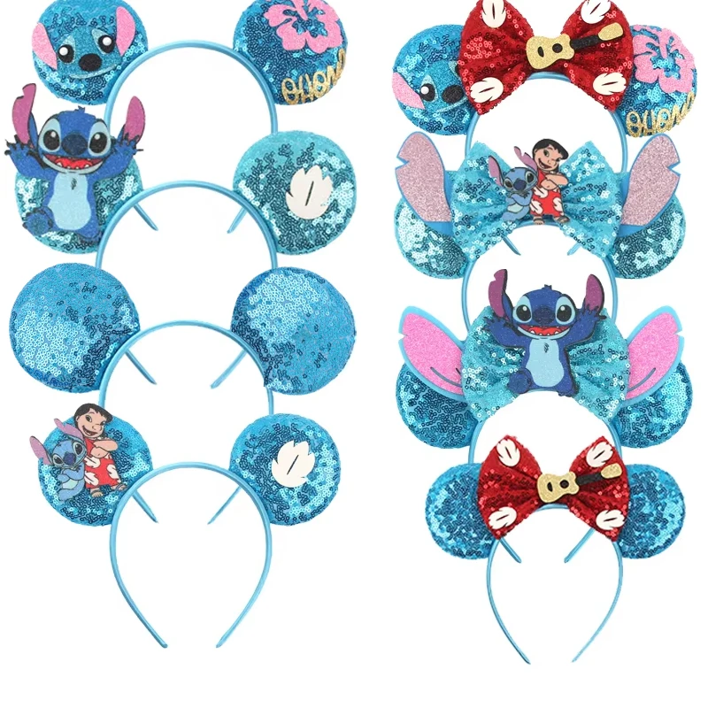 Nuevas Diademas con Orejas de Mickey Mouse de Lilo&Stitch, Accesorios para el Cabello para Mujeres, Diadema de Dibujos Animados para Niñas, Diadema con Lentejuelas de 5 Pulgadas