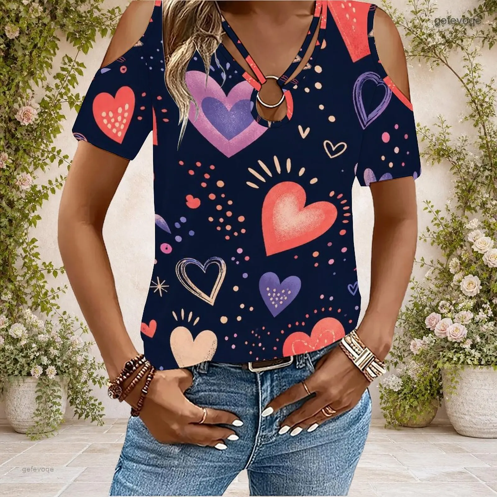 Women Cold Shoulder Short Sleeve T Shirt V Neck O Ring Keyhole Cutout Loose Casual Top Custom Print Ladies Daily Blouse - view 5