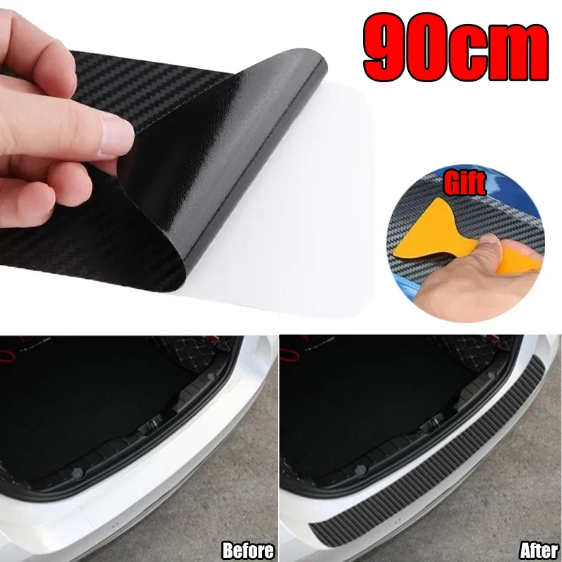

Car Rear Trunk Guard Plate Sticker Carbon Fiber Gum Bumper Anti-Scratch Cover Trim Guard Edge Decal Sticker Strip with Scraper